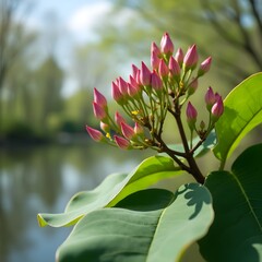 Brotes de flores de &aacute;rbol de caucho floreciendo en la orilla del lago del parque
