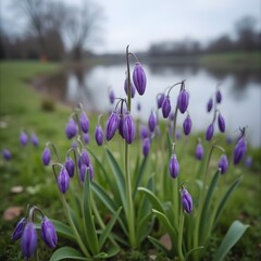 Capullos de flores violetas floreciendo en la orilla del lago del parque