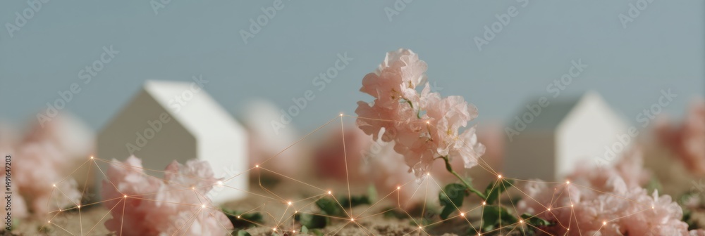 Leinwandbilder soft tech bloom delicate floral network visualization with miniature architecture - innovative digit