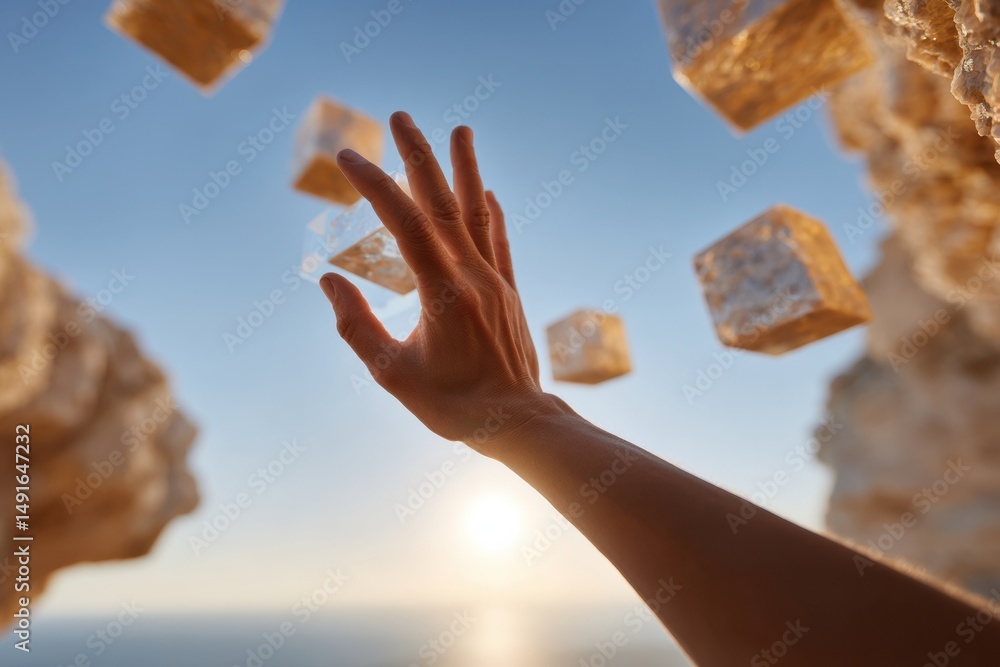 Poster Ethereal Digital Transformation Blockchain Cube Interaction Visualizing Next-Gen Tech Connectivity and Decentralized Network Potential in Immersive Holographic Landscape