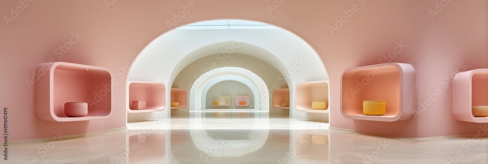 Poster Minimalist Architectural Soft Pastel Gallery Space with Curved Archways - Contemporary Design Visualization for Immersive Cultural Experiences