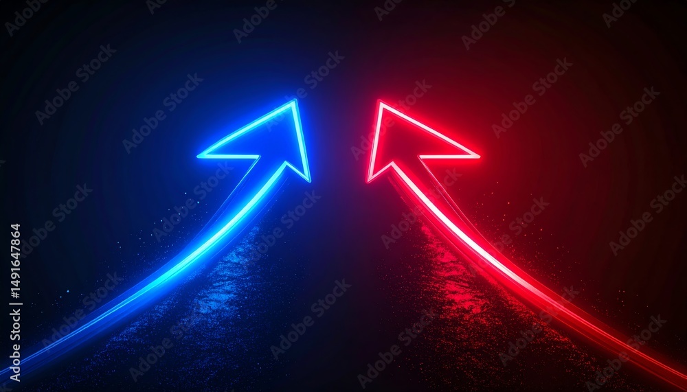 Poster dynamic neon arrows in blue and red intersect, creating a striking visual contrast against a dark ba