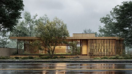 Modern Home Oasis Contemporary Architecture on Rainy Day.