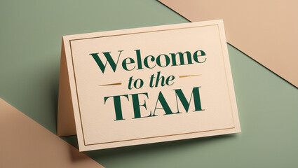 Team welcome greeting card with soft peach hue set against a calming sage green background with warm beige accents, where a elegant, sans-serif font displays the welcoming message Welcome to the Team