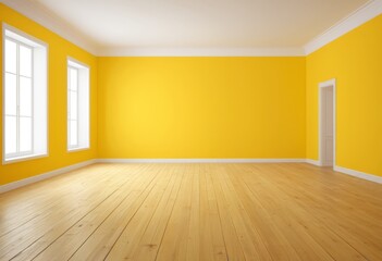 The yellow room has hardwood floors and windows with white trim