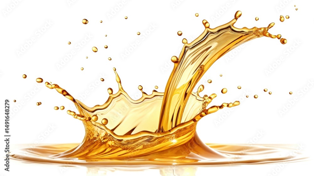 Poster splashing liquid creating dynamic patterns in a pool of oil, conveying energy and movement.