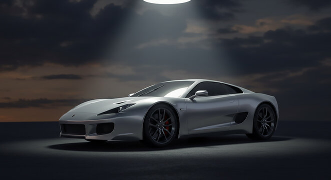 A silver sports car is parked under a spotlight with a cloudy sky in the background at dusk time