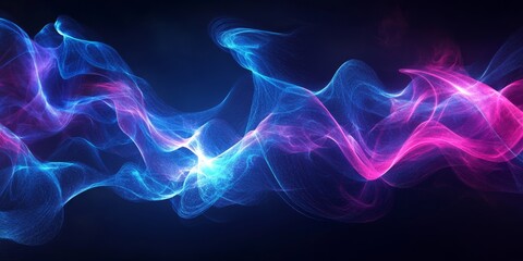 Abstract background with neon, glowing waves in shades of blue and pink.