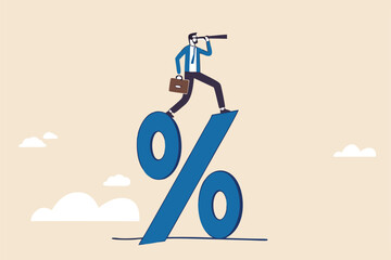 Interest rate forecast, FED and Central bank financial policy, search for investment profit or banking loan payment concept, confident businessman climb up percentage sign see vision on telescope.