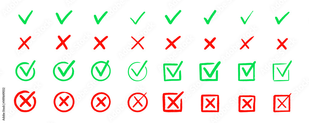 Fototapete Check tick mark icon set. Cross box x check mark checkbox v list vector draw hand drawn sketch doodle brush marker checklist symbol wrong right circle. Vector Illustration