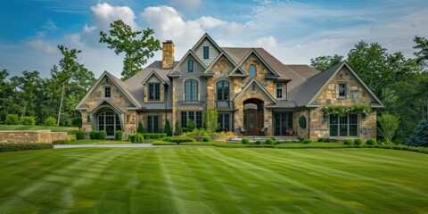 Obraz premium A grand, stately European-style mansion with a symmetrical facade, large windows, and a sloped roof, surrounded by lush greenery and a manicured lawn.