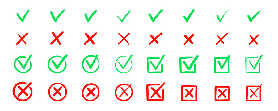 Check tick mark icon set. Cross box x check mark checkbox v list vector draw hand drawn sketch doodle brush marker checklist symbol wrong right circle. Vector Illustration