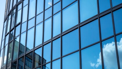 A modern glass building reflecting the sky and clouds, showcasing a sleek architectural design with angular lines and vibrant blue tones