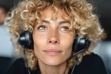Inclusive Tech Wellness Curly-Haired Professional Embodying Digital Communication Trends with Mindful Audio Connectivity and Workplace Empowerment