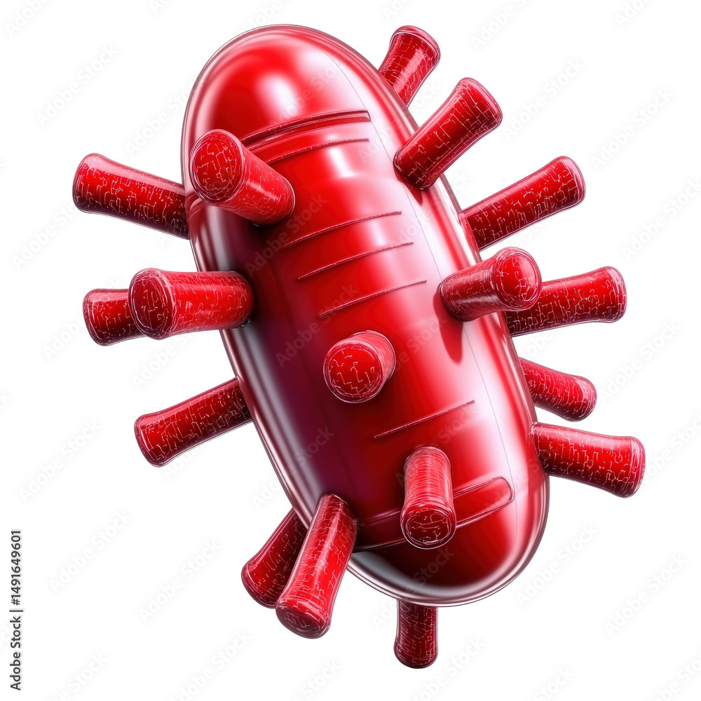 Poster close-up illustration of a red virus particle with spike proteins representing a pathogenic microorg