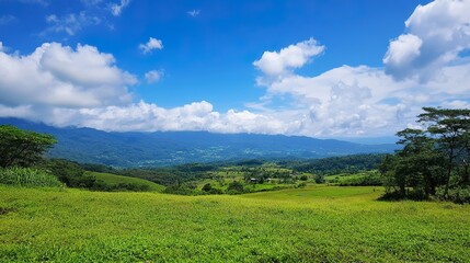 summer landscape with green grass and clouds