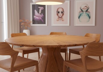 Elegant Dining Room with Futuristic Style Round Wooden Table and Chairs