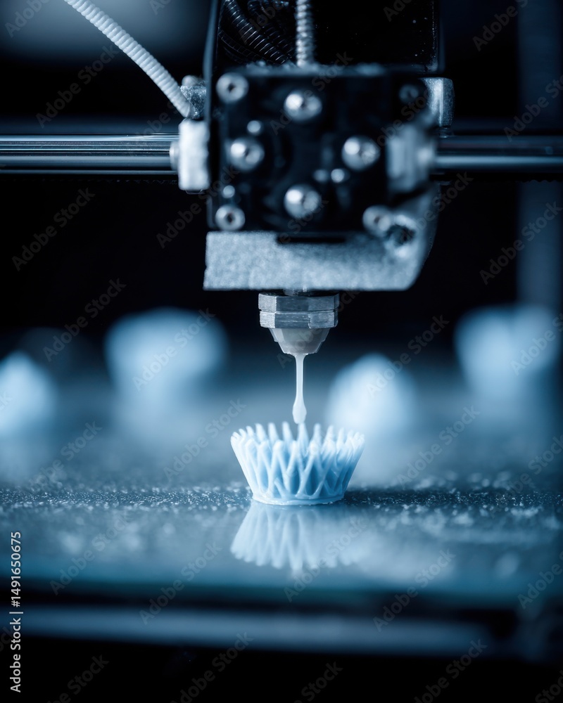 Poster 3d printer creating intricate blue object close up shot of nozzle and platform in industrial setting