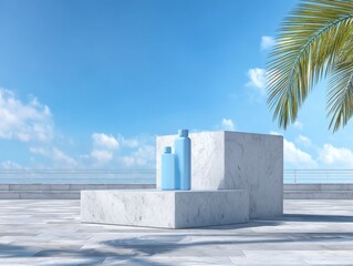 Blue bottles on marble platform against sky backdrop showcasing product placement with palm fronds in a serene outdoor setting