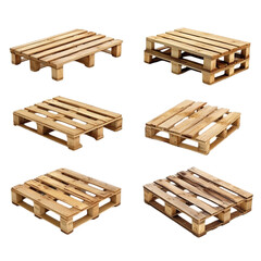 Multiple wooden pallets shown from different angles against a colorful striped background