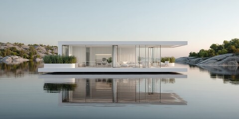 Obraz premium Floating Home Modern House on Lake Tranquil Lakeside Living.