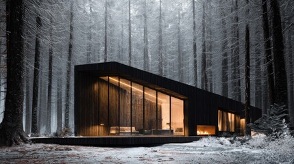 Winter Cabin Retreat Modern architecture glows in snowy forest tranquility.