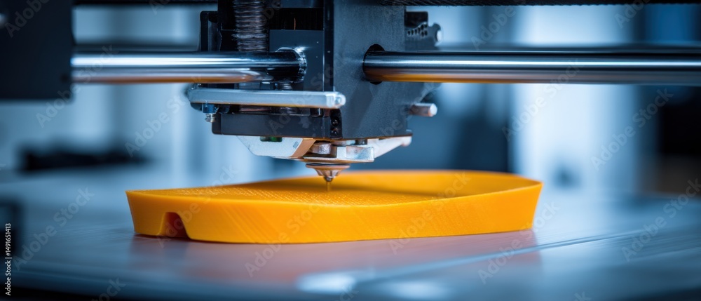 Leinwandbilder Close up of 3D printer in action creating yellow object from plastic filament in a workshop for science and technology