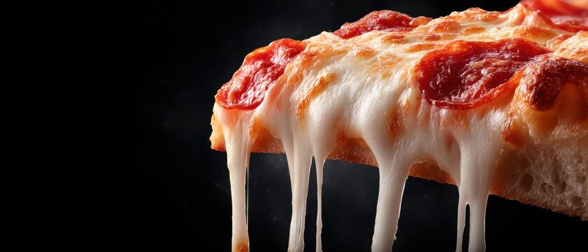 Macro Studio Shot of Dripping Pepperoni Pizza Slice on Black Background Delicious Italian Cuisine Fast Food Indulgence