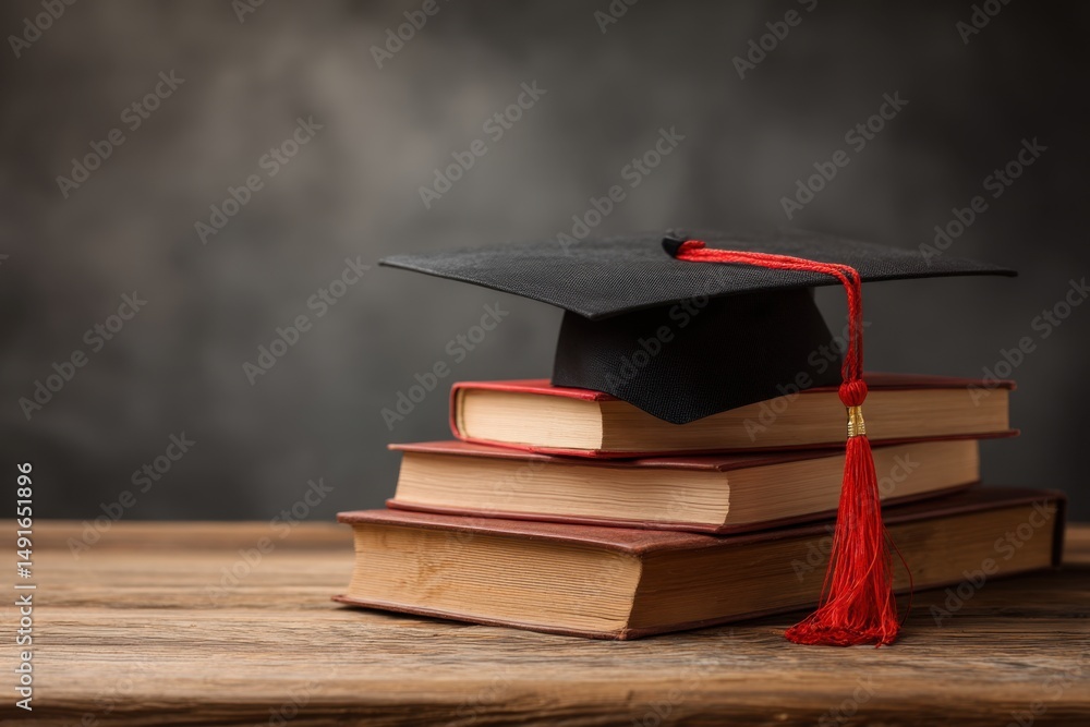 Aufkleber graduation cap rests atop stack of vintage books on rustic wood table in studio setting for educatio