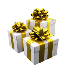 Obraz premium Festive Christmas Gift Boxes with Elegant Gold Ribbons and Luxurious Large Bows for Special Occasions and Holiday Celebrations in Bright White and Gold Colors