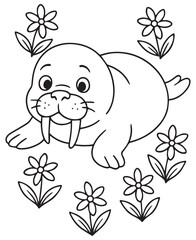 Coloring book cute baby walrus with small tusks lies amongst blooming flowers