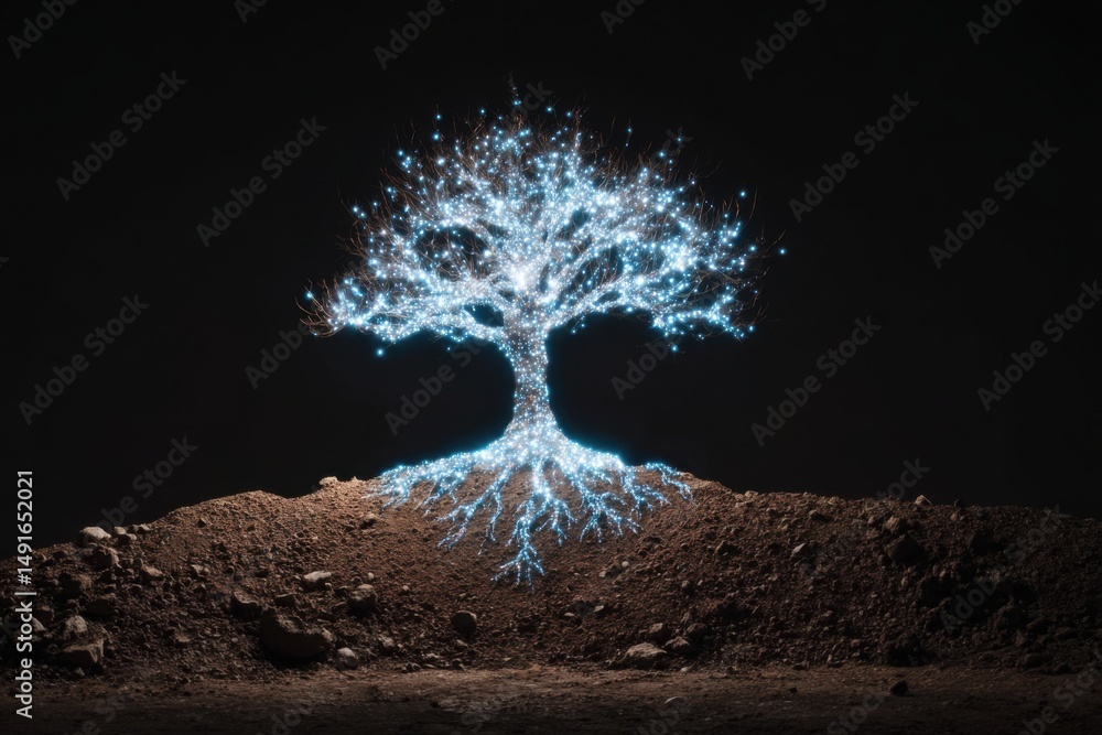 Poster glowing tree on hill at night digital art concept of growth and connection illuminated roots and bra