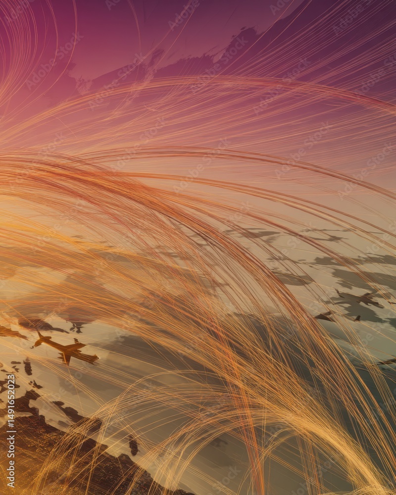 Poster airplanes flying over the world with trails of light aerial view of global transportation network co