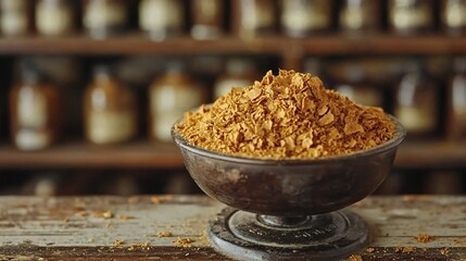 Bowl of gold flakes, antique setting, wooden shelves with jars in background