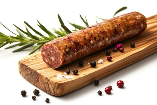 A seasoned sausage rests on an olive wood board, adorned with rosemary sprigs, black peppercorns, pink peppercorns, and sea salt, against a stark white backdrop