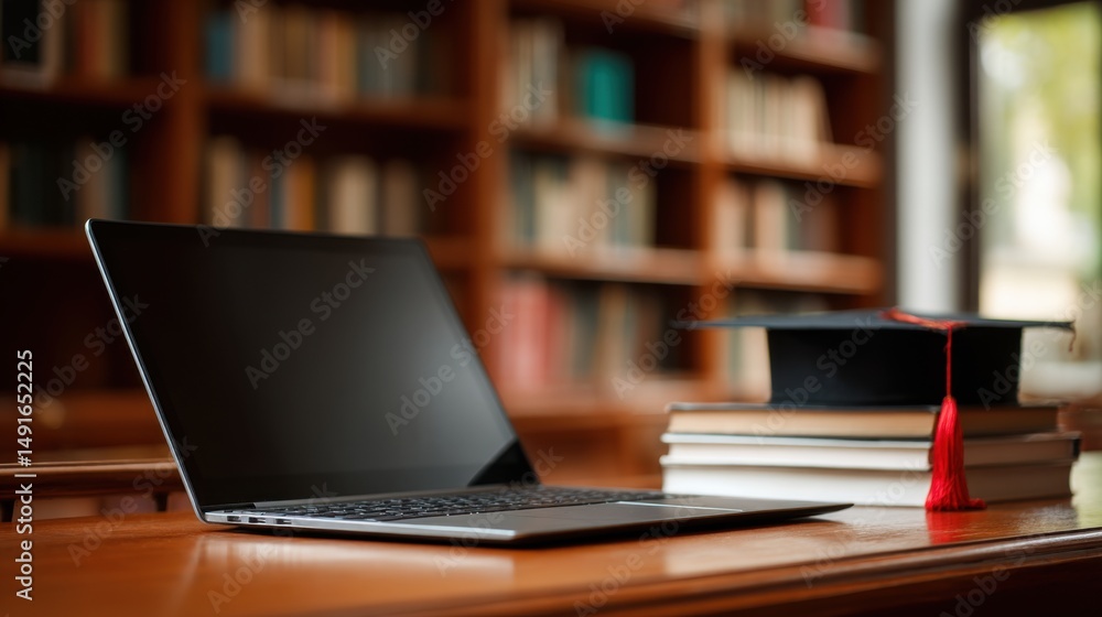 Aufkleber laptop and graduation cap on books in library setting for academic success and online learning repre