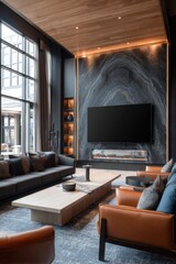 Modern living room design with fireplace and large window interior photography showcasing luxury apartment lounge area with stylish furniture and decor