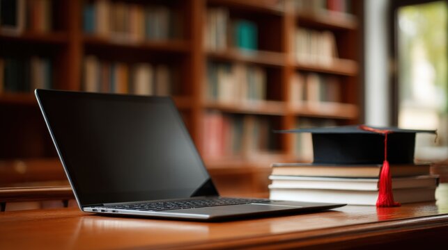Laptop and graduation cap on books in library setting for academic success and online learning representing education and achievement