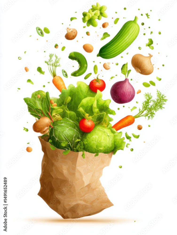 Aufkleber fresh vegetables exploding from brown paper bag still life isolated on white background studio shot