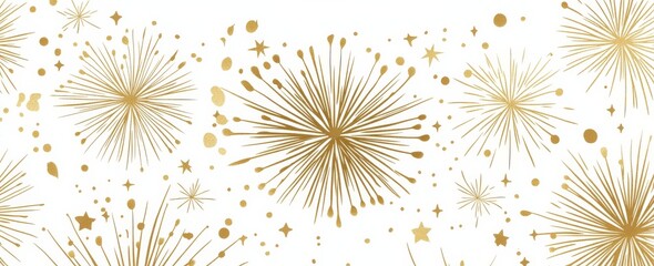 Gold fireworks pattern, simple line drawing, white background, flat illustration style, vector graphics, simple lines and shapes, childlike simplicity, single color, solid colors, simple lines