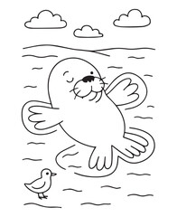 Coloring book walrus floats on the water near a small bird under fluffy clouds
