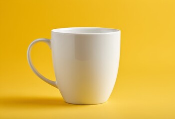 There is a white coffee cup on a yellow background
