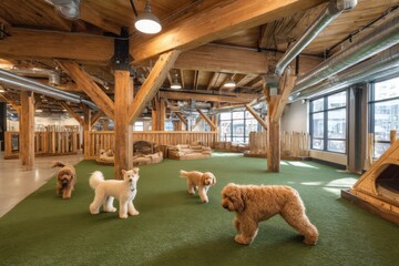 Dogs playing in indoor dog park with artificial turf wide angle view of canine enrichment center