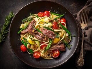Gourmet Pasta Dish with Grilled Beef Tenderloin and Fresh Vegetables in Dark Plate Top View