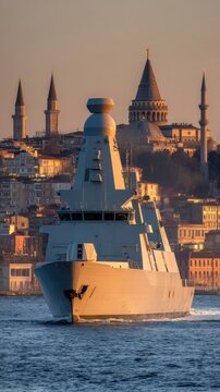 Turkish Navy Warship Sailing on Bosphorus Strait with Istanbul Skyline at Sunset Eye-Level View