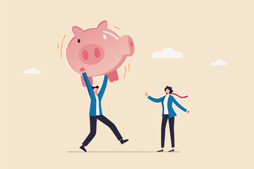 Investment return or income comparison, success and fail in savings or pension fund, being rich or wealthy concept, businessman holding small piggy bank while looking at other bigger pension fund.