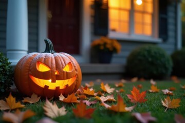 Obraz premium Illuminated Jack-o'-lantern rests on autumn leaves near a house at nightfall, a festive Halloween scene.