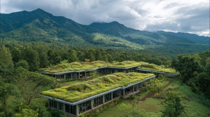 Naklejka premium Eco-Friendly Building Blends with Nature in Lush Mountainous Landscape Aerial View Green Roof Sustainable Architecture Design