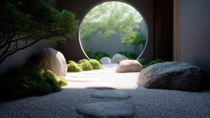 Zen Garden Serenity Stones with Sand, and and Circular Gateway to Nature.