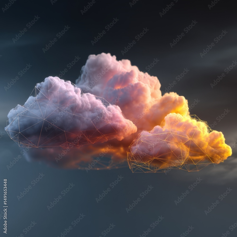 Poster digital cloud concept with geometric mesh overlay, abstract technology illustration, connectivity an